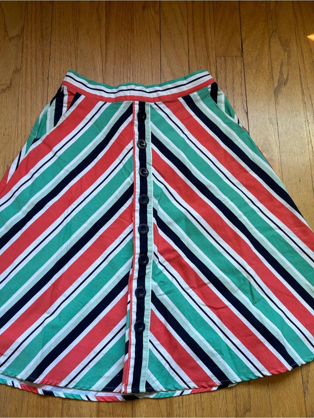 Striped Button-Front A-Line Skirt in Coral, Mint & Navy